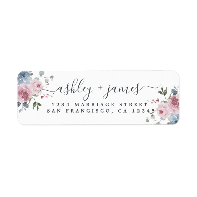Floral Dusty Blue Rose Adresse de retour Label (Devant)