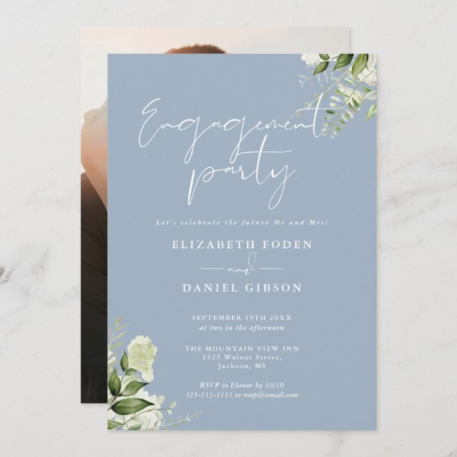 Floral Dusty Blue Script Photo Engagement Party Invitation (Front/Back)