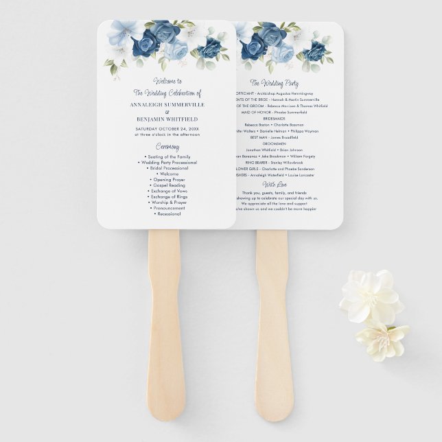 Floral Dusty Blue Script Wedding Program Hand Fan (Front and Back)