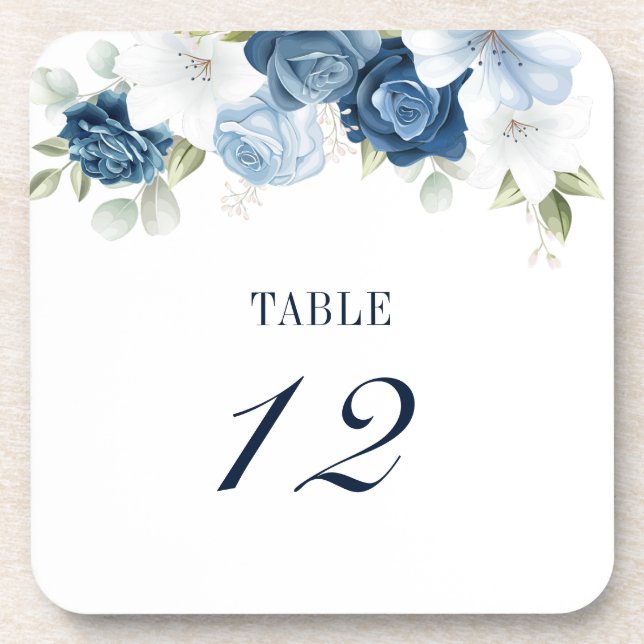 Floral Dusty Blue Seating Table Number 12 Coaster (Front)
