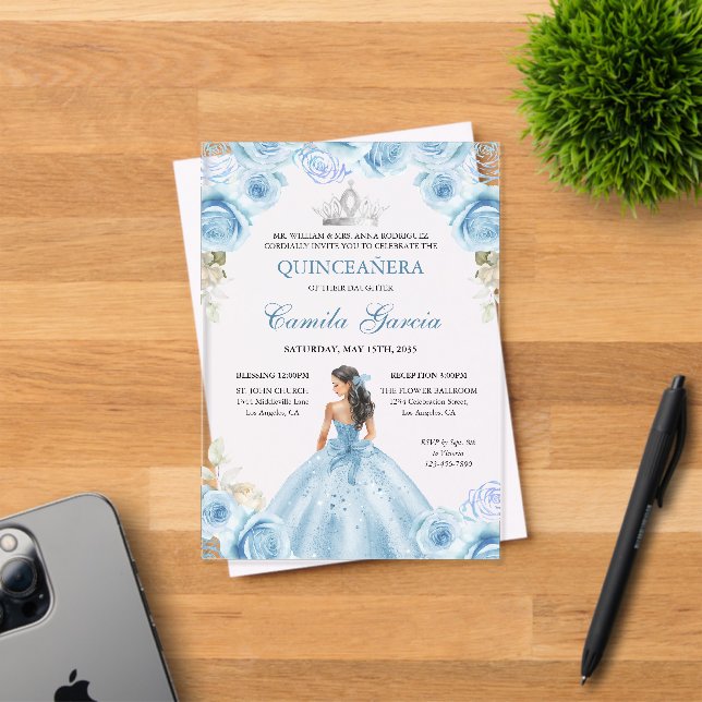Floral Dusty Blue & Silver Princess Quinceañera Acrylic Invitations (Insitu (Invitation Card))