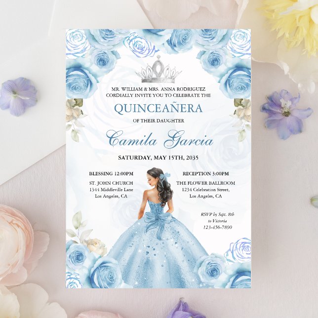Floral Dusty Blue & Silver Princess Quinceañera Invitation (Creator Uploaded)