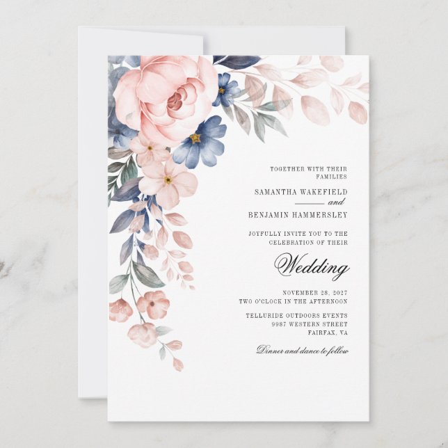 Floral Dusty Blue Watercolor Bloom Wedding Invitation (Front)