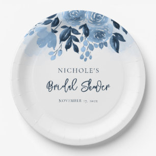 Floral Dusty Blue Watercolor Bridal Shower Paper Plate