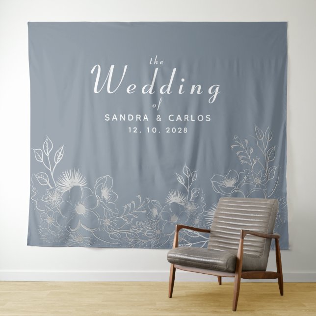 Floral Dusty Blue Wedding Backdrop Tapestry (In Situ (Horizontal))