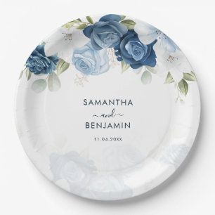 Floral Dusty Blue White Wedding Shower Paper Plate