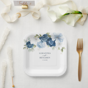 Floral Dusty Blue White Wedding Shower Paper Plate