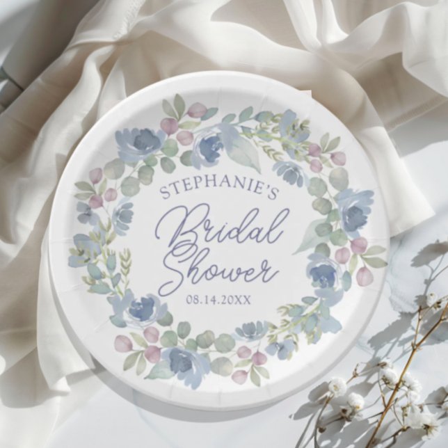 Floral Dusty Blue Wreath Bridal Shower Paper Plate (Creator Uploaded)