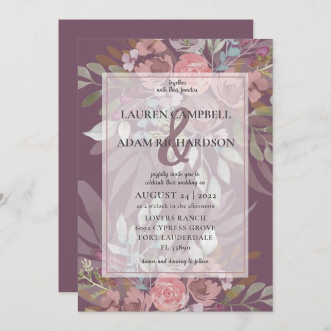Floral Dusty Burgundy Ampersand Wedding Invitation (Front/Back)