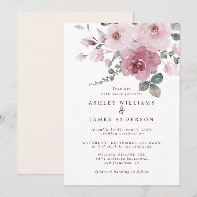 Floral Dusty Pink Rose Burgundy Ivory Wedding Invitation (Front/Back)