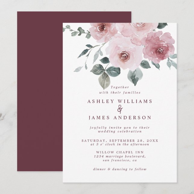 Floral Dusty Pink Rose Burgundy Wedding Invitation (Front/Back)