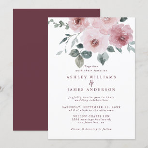Floral Dusty Pink Rose Burgundy Wedding Invitation