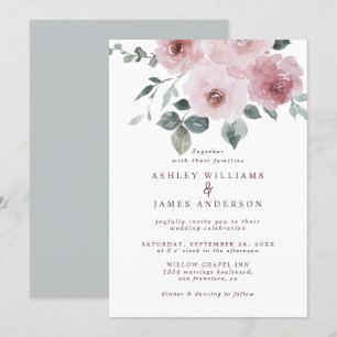 Floral Dusty Pink Rose Burgundy Wedding Invitation