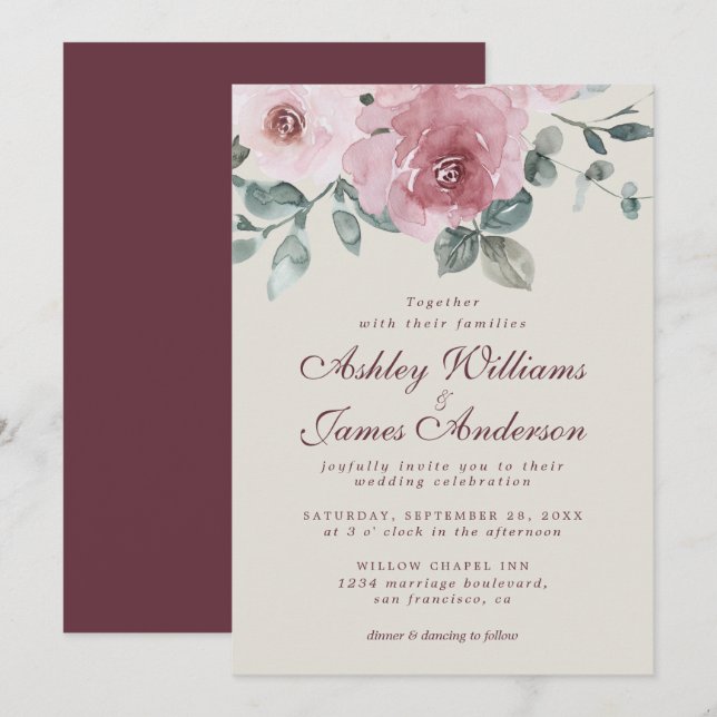 Floral Dusty Pink Rose Burgundy Wedding Invitation (Front/Back)