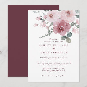 Floral Dusty Pink Rose Burgundy Wedding Invitation