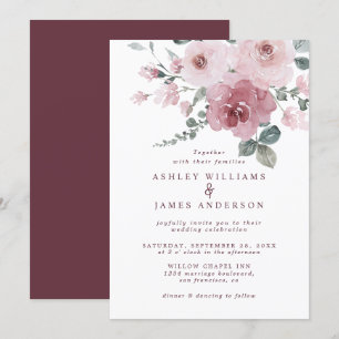 Floral Dusty Pink Rose Burgundy Wedding Invitation