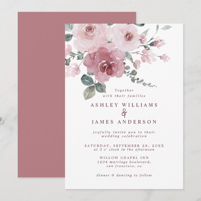 Floral Dusty Pink Rose Burgundy Wedding Invitation (Front/Back)