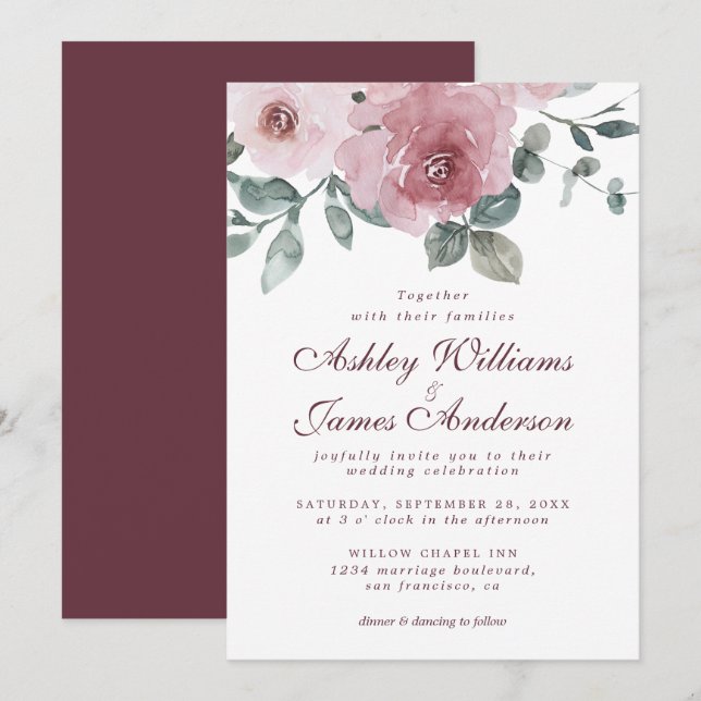 Floral Dusty Pink Rose Burgundy Wedding Invitation (Front/Back)