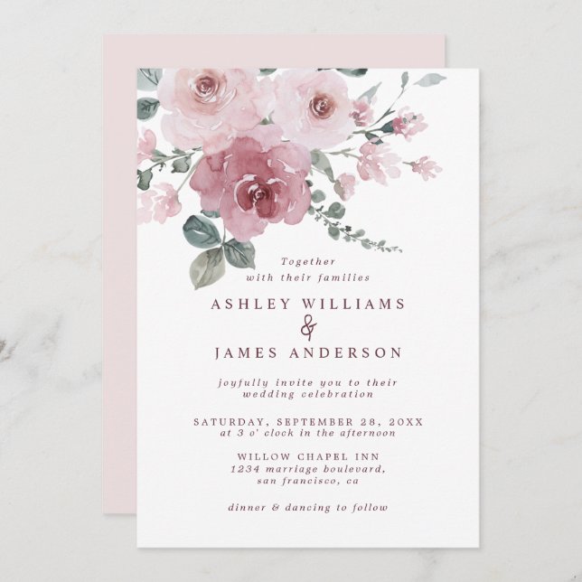 Floral Dusty Pink Rose Ivory Wedding Invitation (Front/Back)