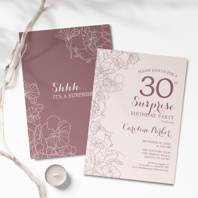 Floral Dusty Pink Surprise 30th Birthday Party Invitation (Creator Uploaded)