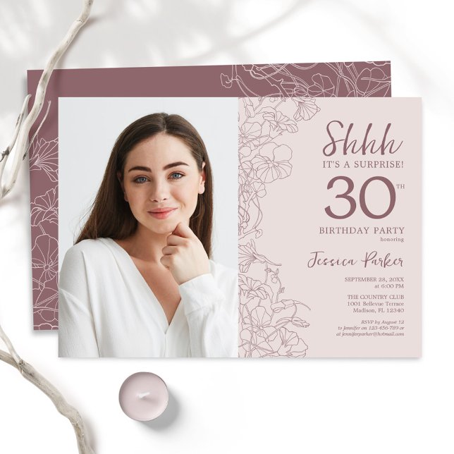 Floral Dusty Pink Surprise Photo 30th Birthday Invitation (Creator Uploaded)