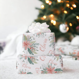 Floral dusty pink watercolor Baby Girl Name script Wrapping Paper