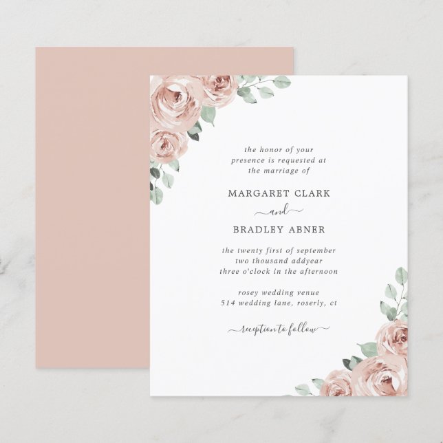 Floral Dusty Rose Budget Wedding Invitation (Front/Back)