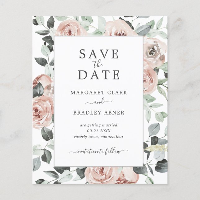 Floral Dusty Rose Budget Wedding Save The Date (Front)
