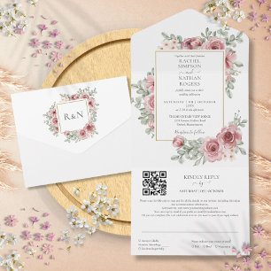 Floral Dusty Rose Gold Geometric QR Code Wedding All In One Invitation