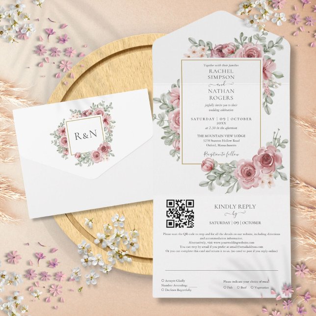 Floral Dusty Rose Gold Geometric QR Code Wedding All In One Invitation (Floral Dusty Rose Gold Geometric QR Code Wedding All In One Invitation)