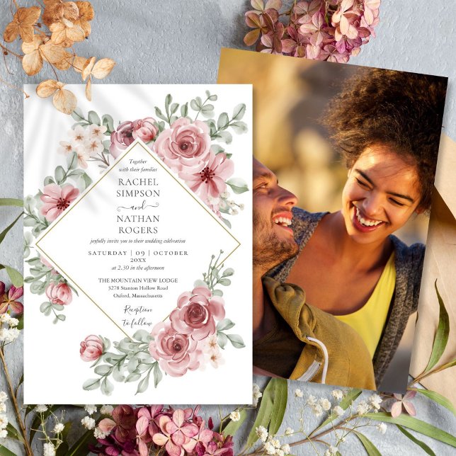 Floral Dusty Rose Gold Geometric Wedding Photo Invitation (Floral Dusty Rose Gold Geometric Wedding Photo Invitation)