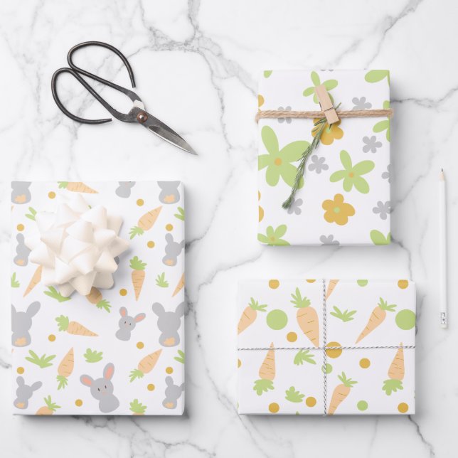 Floral Easter Bunnies Kids Easter Wrapping Paper Sheet (Front)