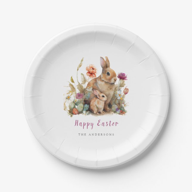 Floral Easter Bunnies Paper Plate (Front)