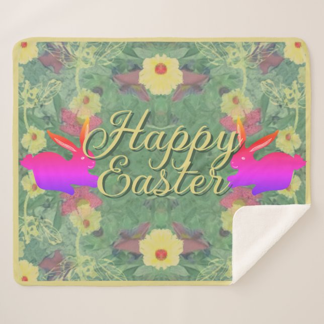 Floral Easter Bunnies w/Text Sherpa Blanket (Front (Horizontal))