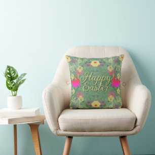 Floral Easter Bunnies w/Text Throw Pillow