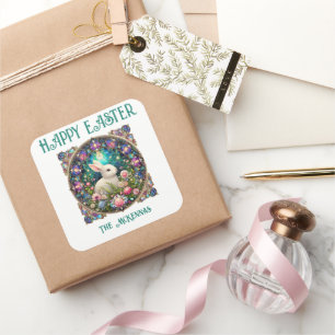 Floral Easter Bunny Art Nouveau Stained Glass Square Sticker