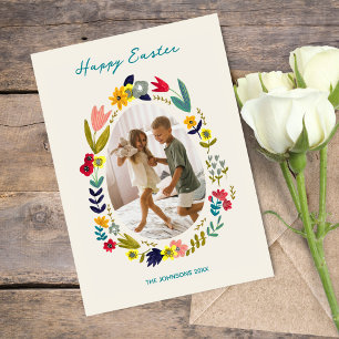 Floral Easter Bunny Family Photo Spring Greeting Holiday Card