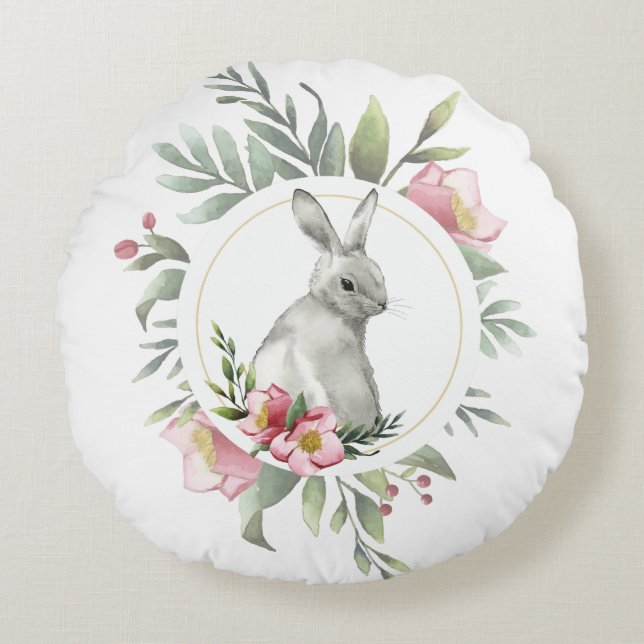 Floral Easter Bunny Round Pillow (Front)