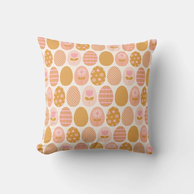 Floral Easter Egg Pattern in Boho Pink Yellow Gold Throw Pillow (Front)