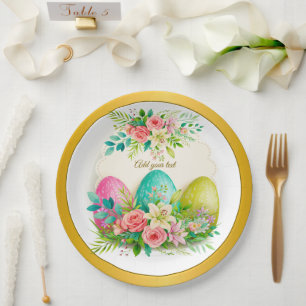 Floral Easter Eggs & Pink Roses Personalized Party Paper Plate