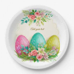 Floral Easter Eggs & Pink Roses Personalized Party Paper Plate