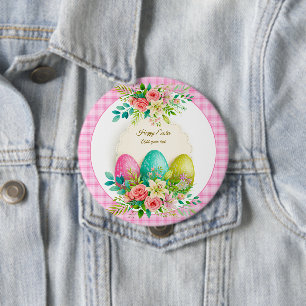 Floral Easter Eggs & Watercolor Pink Roses 4 Inch Round Button