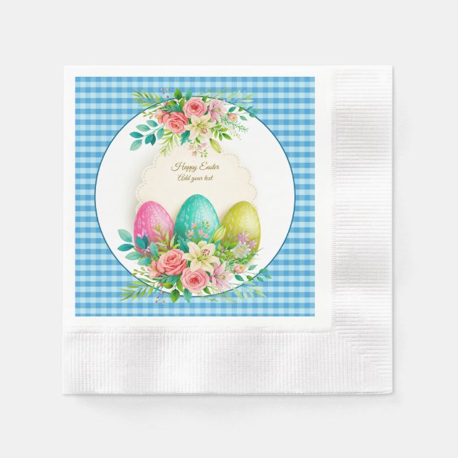 Floral Easter Eggs & Watercolor Pink Roses Napkin (Front)