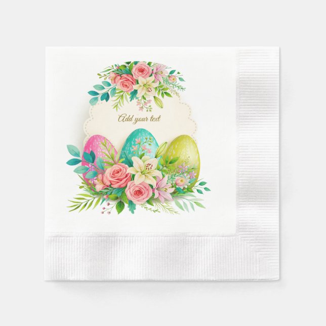 Floral Easter Eggs & Watercolor Pink Roses Napkin (Front)