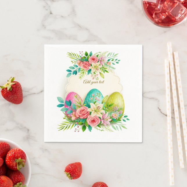 Floral Easter Eggs & Watercolor Pink Roses Napkin (Insitu)
