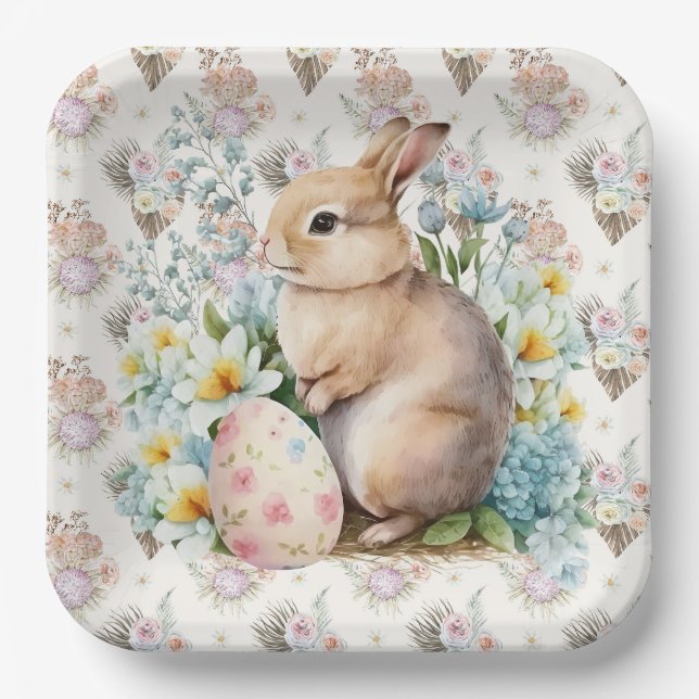 Floral Easter Rabbit Paper Plate (Front)