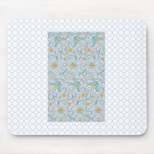 Floral Eastern Mouse Pad – Soft Blue Background (Front)