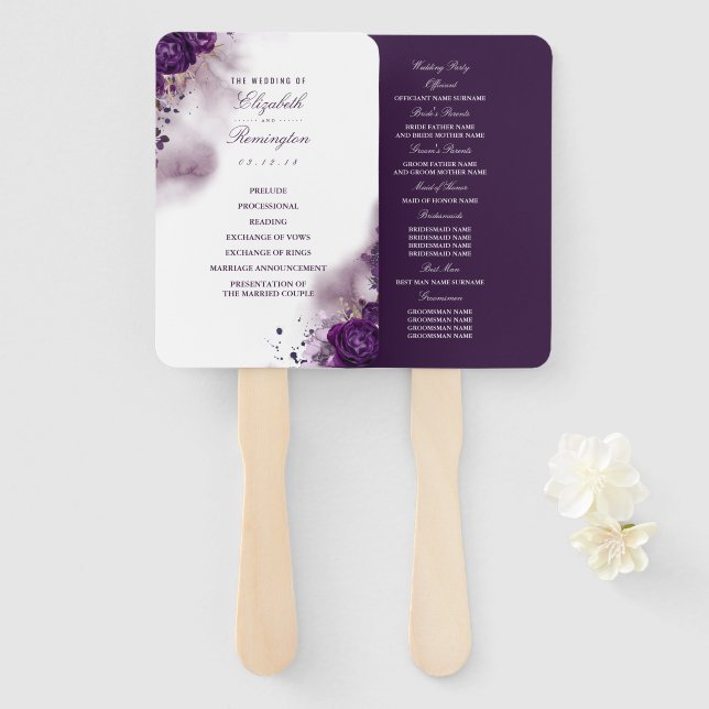 Floral Eggplant Purple Watercolor Wedding Program Hand Fan (Front and Back)