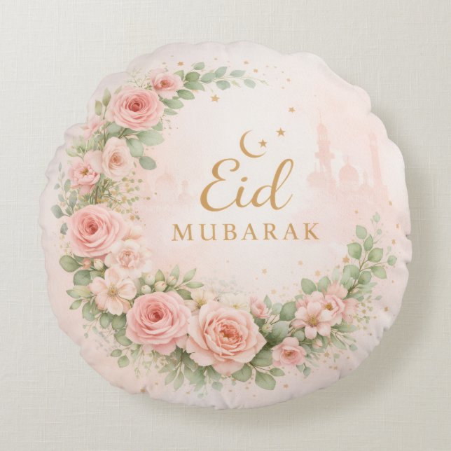 Floral Eid Mubarak – Blush Pink Islamic Gift f Round Pillow (Front)