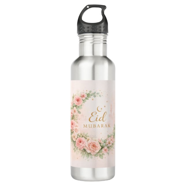 Floral Eid Mubarak Bott– Blush Pink Islamic Gift f 710 Ml Water Bottle (Front)
